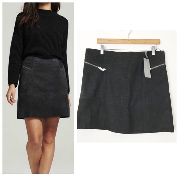 NEW NWT MINT VELVET Black Suede leather Croc Embossed Skirt 12 Sexy Date Night